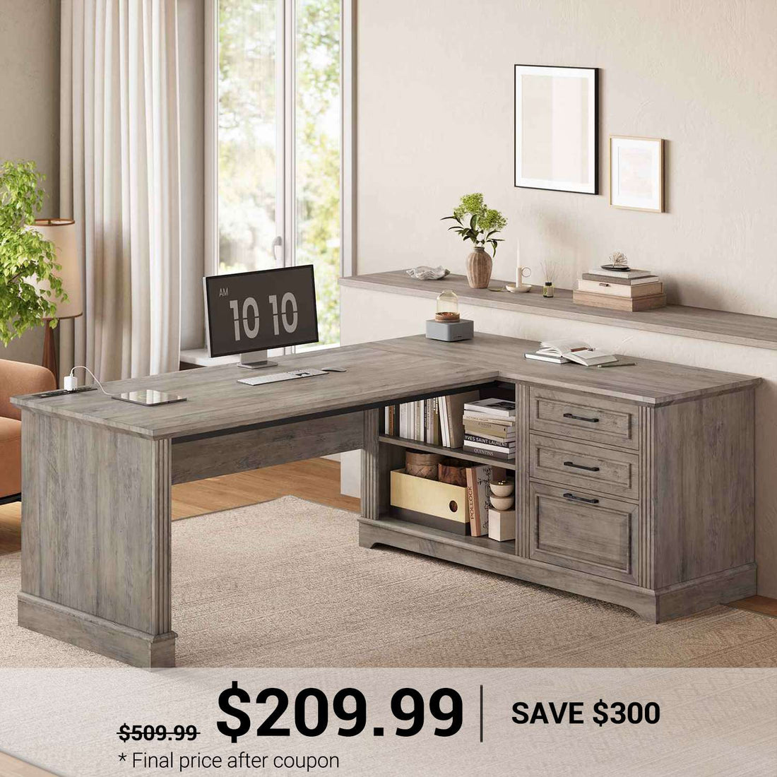 SEDETA | 61 Inch L Shaped Computer Desk Farmhouse Executive Desk with Storage File Drawers Shelves Power Outlets for Home Office