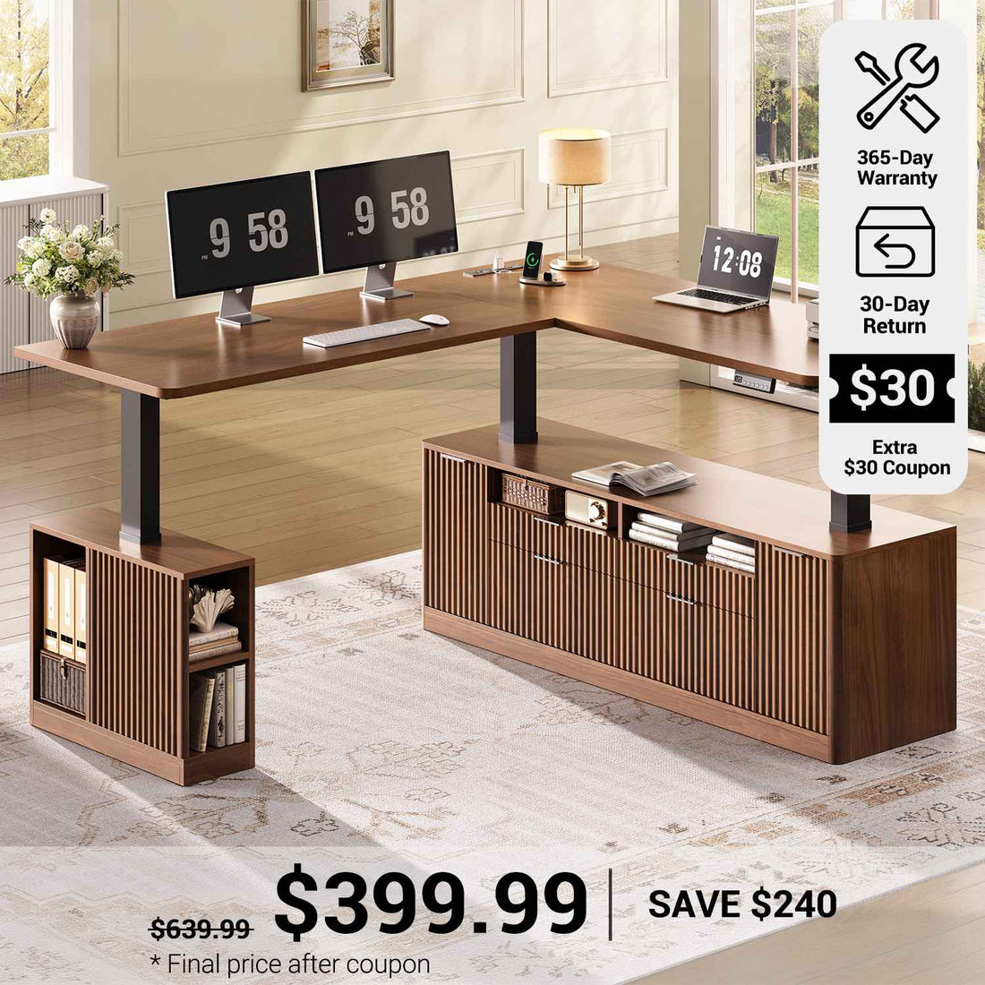 SEDETA® 69 Inch Fluted Height Adjustable Electric Standing Desk L Shaped Executive Office Computer Desk with 4 Drawers Storage Shelves Power Outlet
