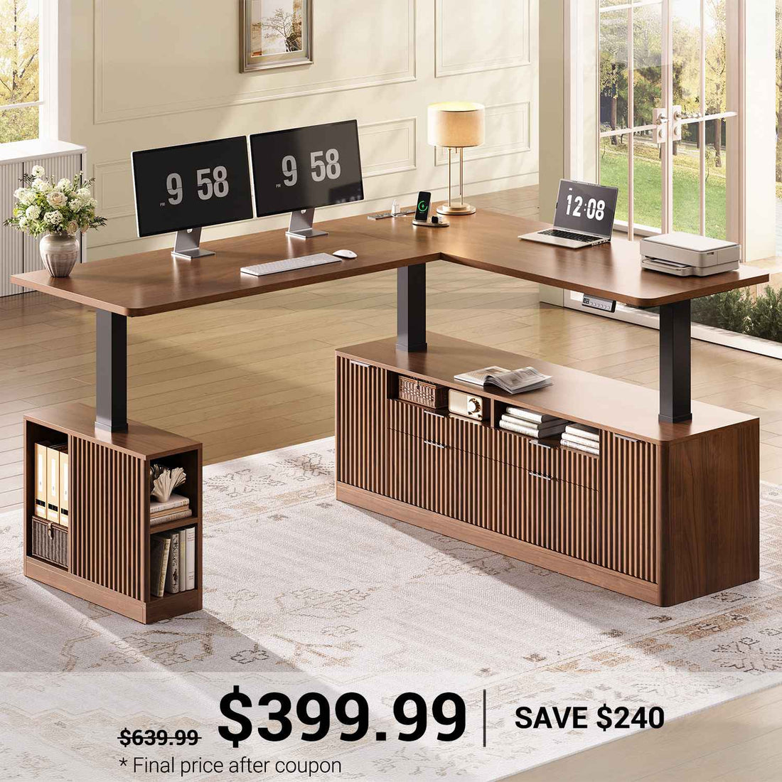 SEDETA | 69 Inch L Shaped Fluted Standing Desk Height Adjustable Electric Computer Executive Desks with Power Outlet 4 Drawers Storage Shelves