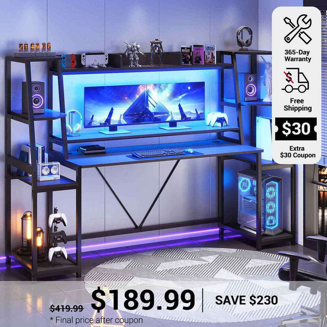 SEDETA 78.8 Inch Gaming Desk  with LED Lights Hutch Storage Shelves