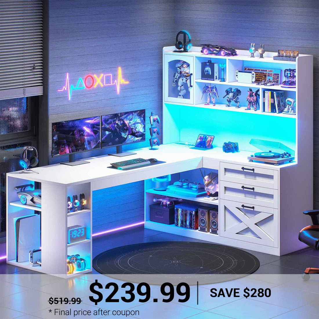 SEDETA | 61 Inch Farmhouse L Shaped Computer Office Desk Gaming Desk with Power Outlet LED Light Drawers Storage Shelves and Display Cabinet