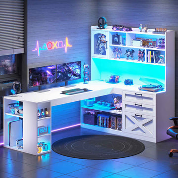 SEDETA | 61 Inch Farmhouse L Shaped Computer Office Desk Gaming Desk with Power Outlet LED Light Drawers Storage Shelves and Display Cabinet