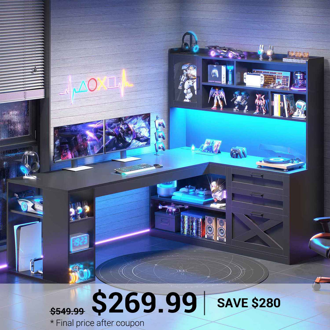SEDETA 61 Inch Farmhouse Gaming Desk L Shaped Office Computer Desk with Display Cabinet Drawers Storage Shelves LED Light Power Outlet