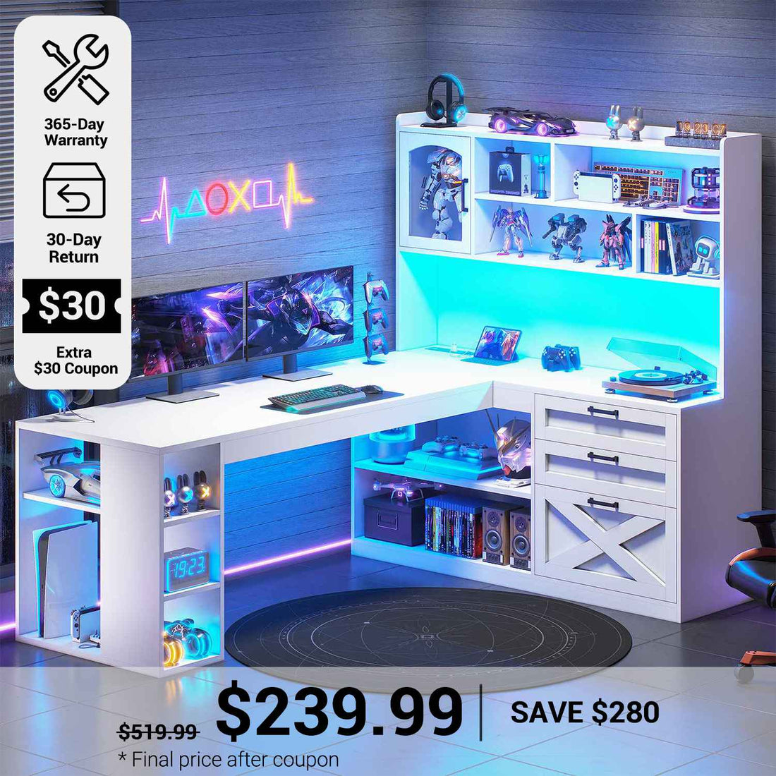SEDETA® 61 Inch Farmhouse Computer Desk L Shaped Office Desk Corner Gaming Desk with LED Light Power Outlet Storage Shelves Drawers Display Cabinet