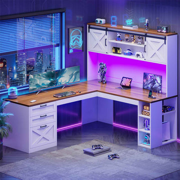 SEDETA 67 Inch Farmhouse L Shaped Computer Executive Desks Home Office with Sliding Doors Storage Shelves Hutch Drawers Power Outlets LED Lights
