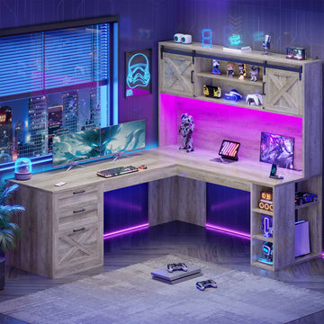 SEDETA | 67 Inch Farmhouse Computer Desk L Shaped Home Office Executive Desks with LED Lights Drawers Sliding Doors Hutch Storage Shelves