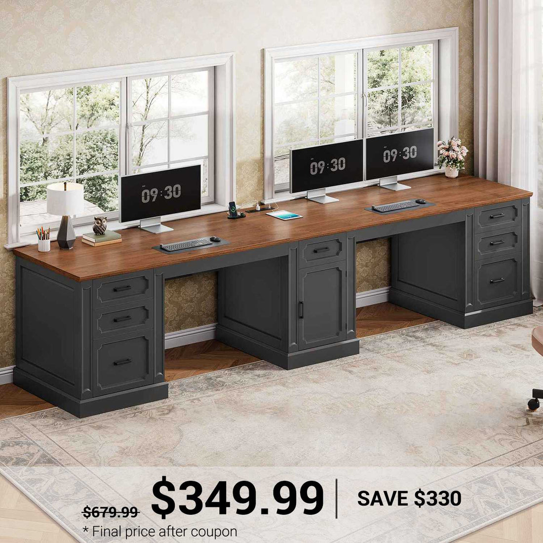 SEDETA | 110.3 Inch Farmhouse Two Person Desk Vintage Extra Long Computer Desk with Printer Stand Power Outlets 7 Drawers Storage Cabinet