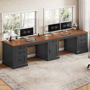 SEDETA® 110.3 Inch Vintage Long Computer Desk Farmhouse Two Person Desk with Printer Stand Power Outlets Storage Cabinet 7 Drawers