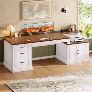 SEDETA 70.9 Inch Farmhouse Executive Desk Vintage Computer Desk Home Office with Drawers Storage Cabinet Desk Printer Stand Power Outlet