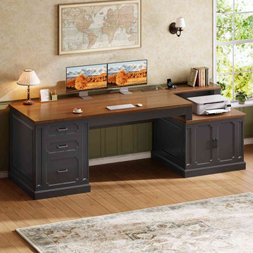 SEDETA® 70.9 Inch Vintage Computer Desk with Printer Stand & Power Outlet, Farmhouse Executive Home Office Desk, File Drawers, Storage Cabinet