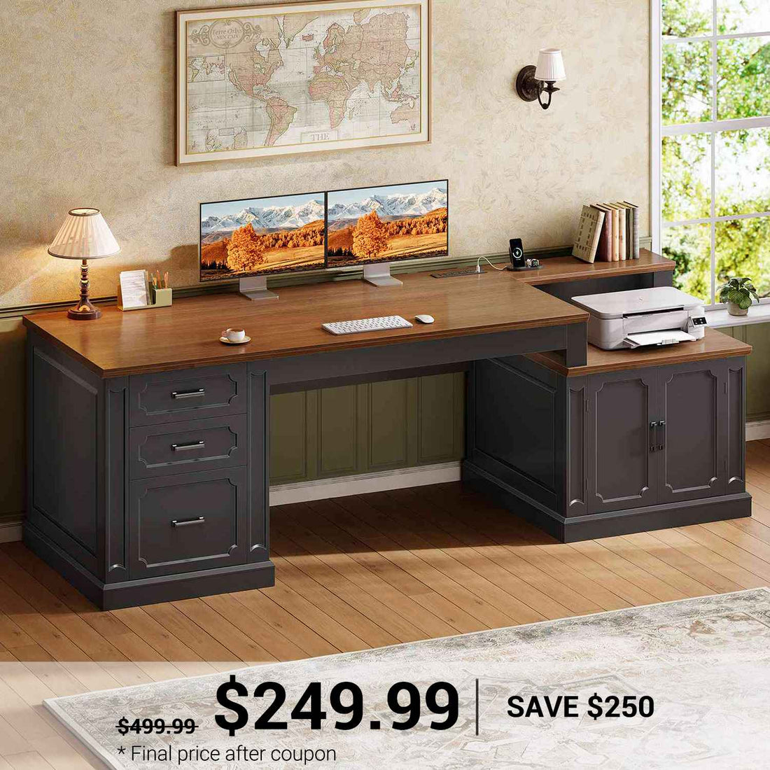 SEDETA | 70.9 Inch Farmhouse Computer Desk with Printer Stand & Outlets, Vintage Executive Home Office Desk, Drawers, Storage Cabinet