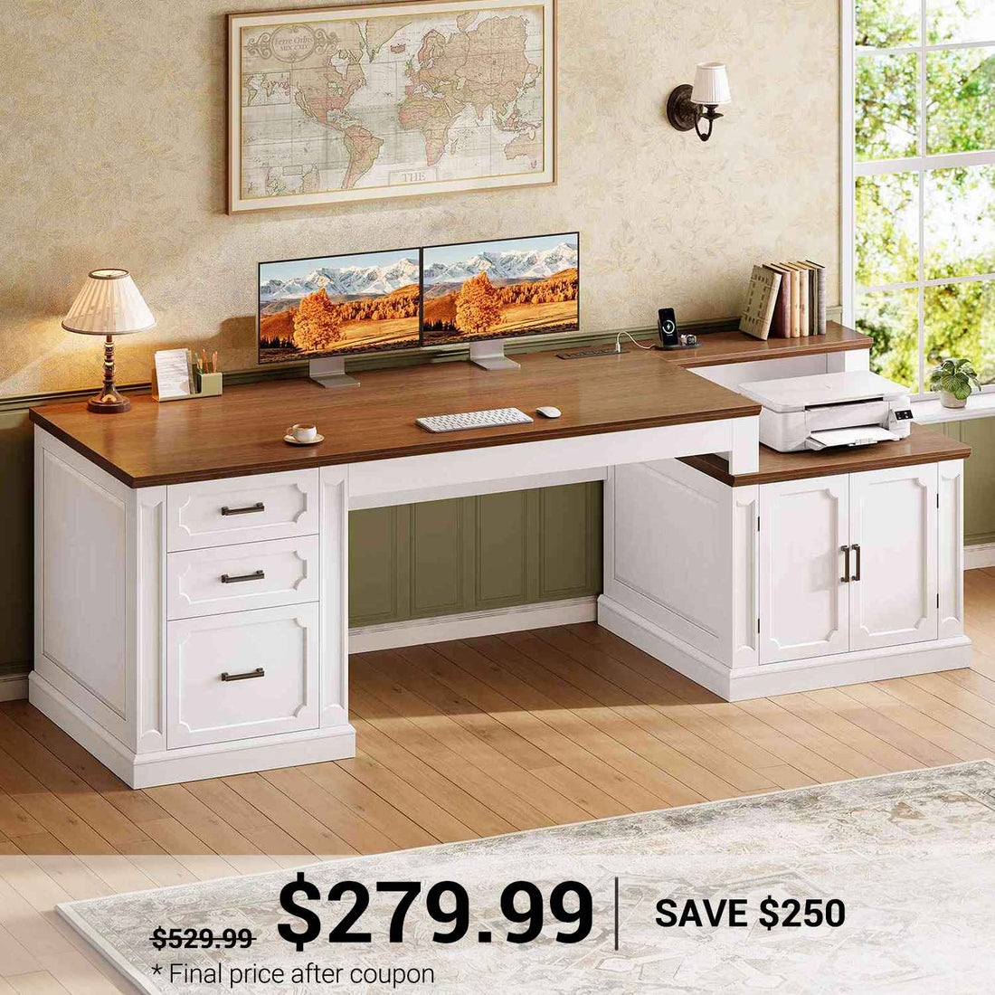 SEDETA 70.9 Inch Farmhouse Executive Desk Vintage Computer Desk Home Office with Drawers Storage Cabinet Desk Printer Stand Power Outlet