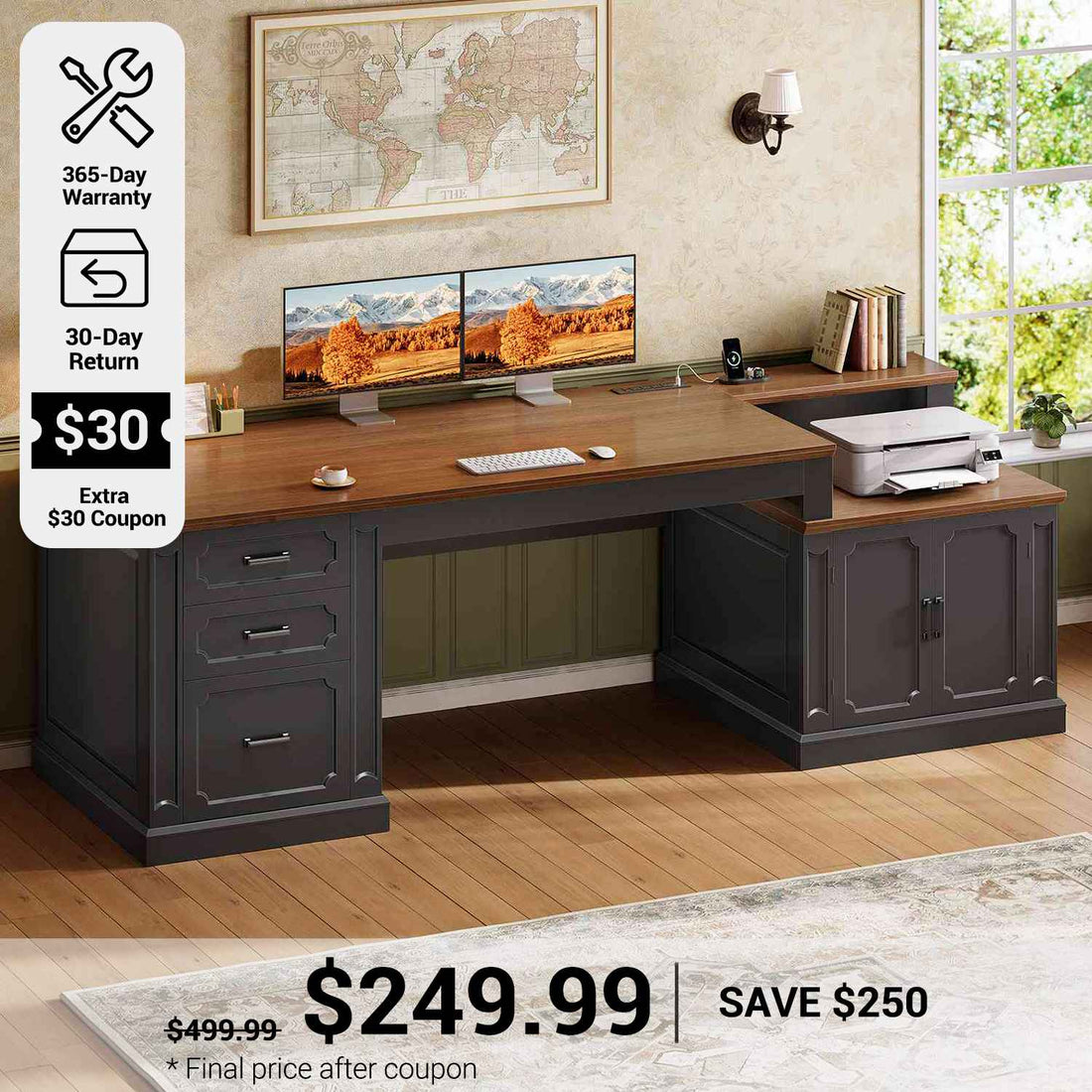 SEDETA® 70.9 Inch Vintage Computer Desk with Printer Stand & Power Outlet, Farmhouse Executive Home Office Desk, File Drawers, Storage Cabinet
