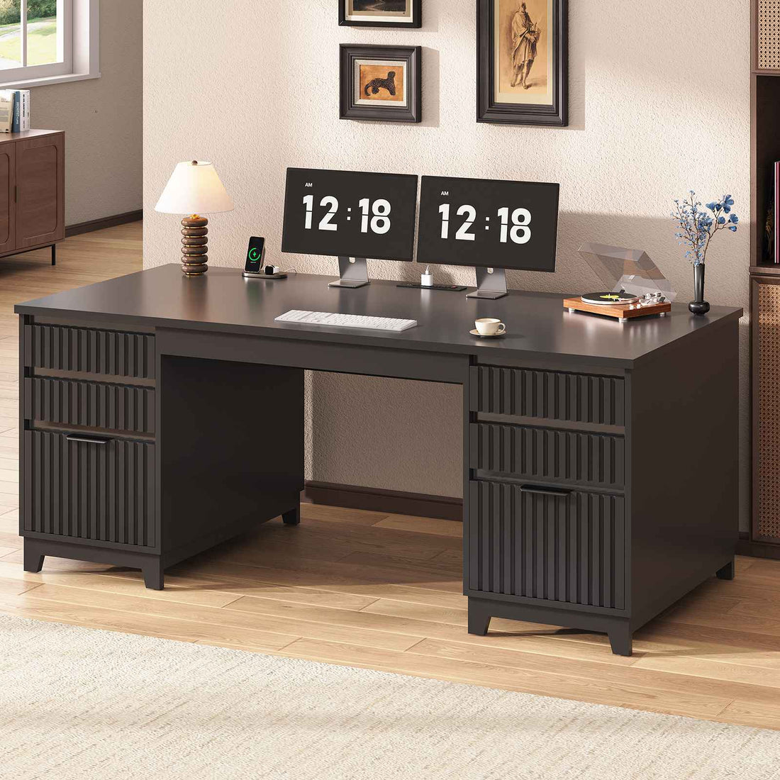 SEDETA 55.1 Inch Fluted Office Desk Modern Light Luxury Executive Desk Computer Desk with Power outlets 6 Drawers Acrylic File Drawers