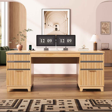 SEDETA | 55.1 Inch Fluted Computer Desk Modern Light Luxury Executive Office Desk with Power outlets Acrylic File Drawers
