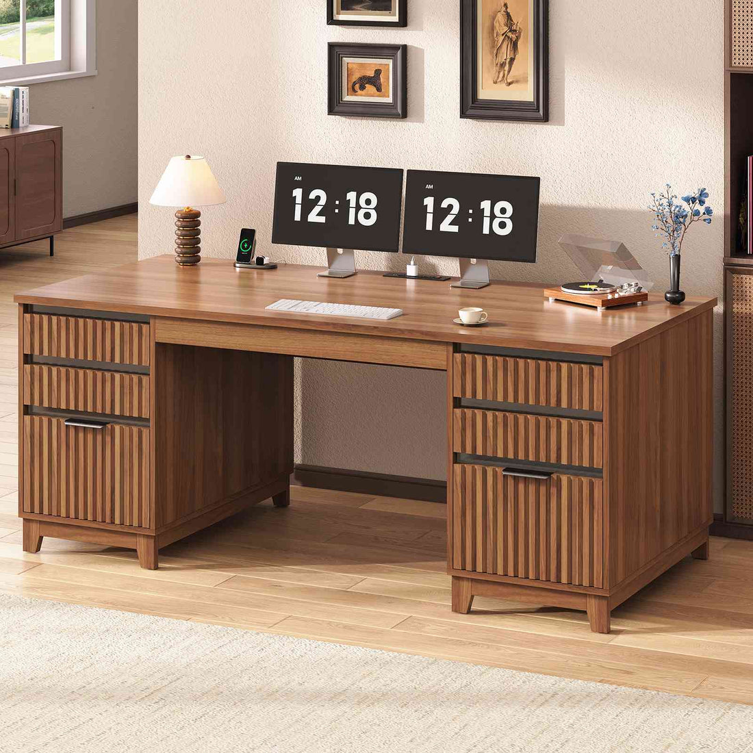 SEDETA | 55.1 Inch Fluted Computer Desk Modern Light Luxury Executive Office Desk with Power outlets Acrylic File Drawers