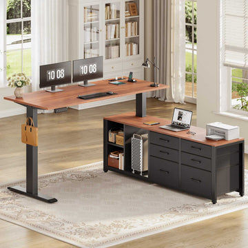 SEDETA 55.1 Inch L Shaped Electric Standing Desk Height Adjustable Sit Stand Office Computer Executive Desk with Power Outlet 6 Fabric Drawers Storage Shelves