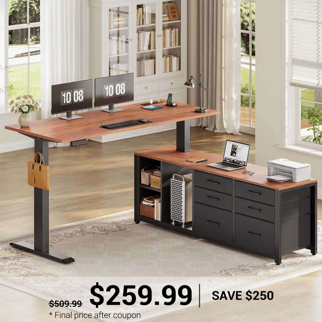 SEDETA 55.1 Inch L Shaped Electric Standing Desk Height Adjustable Sit Stand Office Computer Executive Desk with Power Outlet 6 Fabric Drawers Storage Shelves