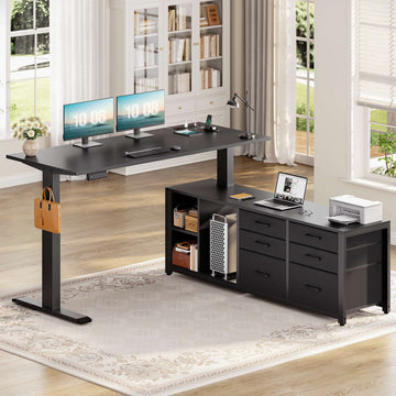 SEDETA® 55.1 Inch Height Adjustable Electric Standing Desk Office Executive Desk L Shaped Sit Stand Computer Desk with Storage Shelves 6 Fabric Drawers Power Outlet