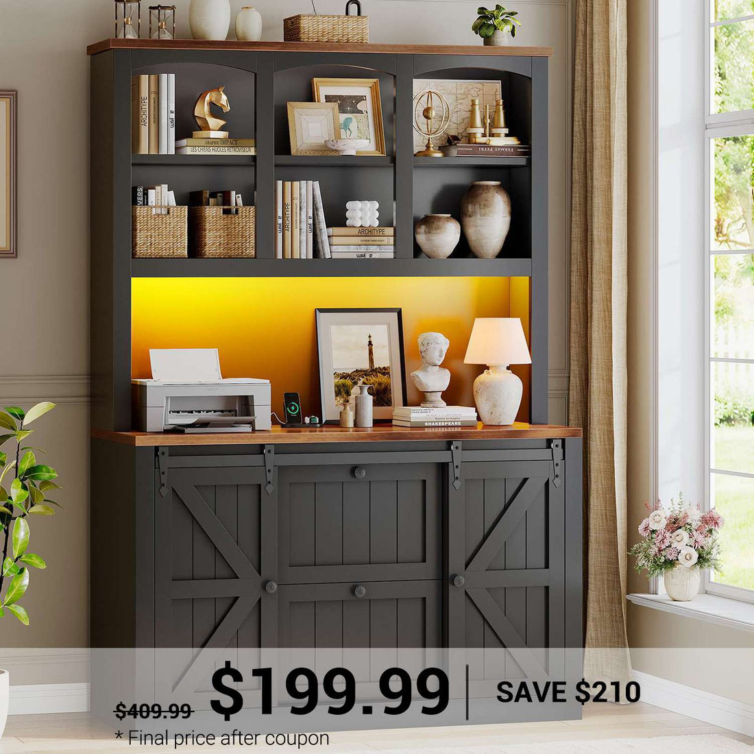 SEDETA | 41 Inch Farmhouse 2 Drawer File Cabinet with Bar Door LED Lights Filing Cabinet fits Legal Letter A4 Size Files with Power Strip Printer Stand Storage Shelf