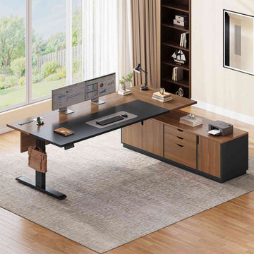 SEDETA® 71 Inch L Shaped Electric Standing Desk Height Adjustable Sit Stand Up Computer Executive Desk with Side Hook 3 Drawers Cabinet Power Outlets