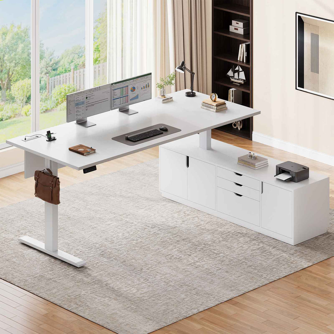SEDETA® 71 Inch L Shaped Electric Standing Desk Height Adjustable Sit Stand Up Computer Executive Desk with Side Hook 3 Drawers Cabinet Power Outlets