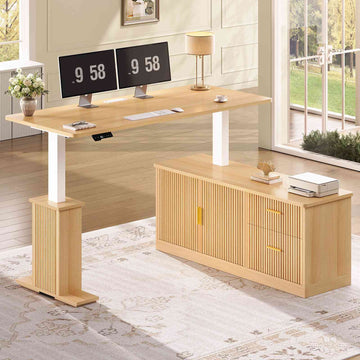 SEDETA 55 Inch L Shaped Fluted Electric Standing Desk Height Adjustable Modern Light Luxury Corner Computer Desk with Storage Drawers Power Outlets