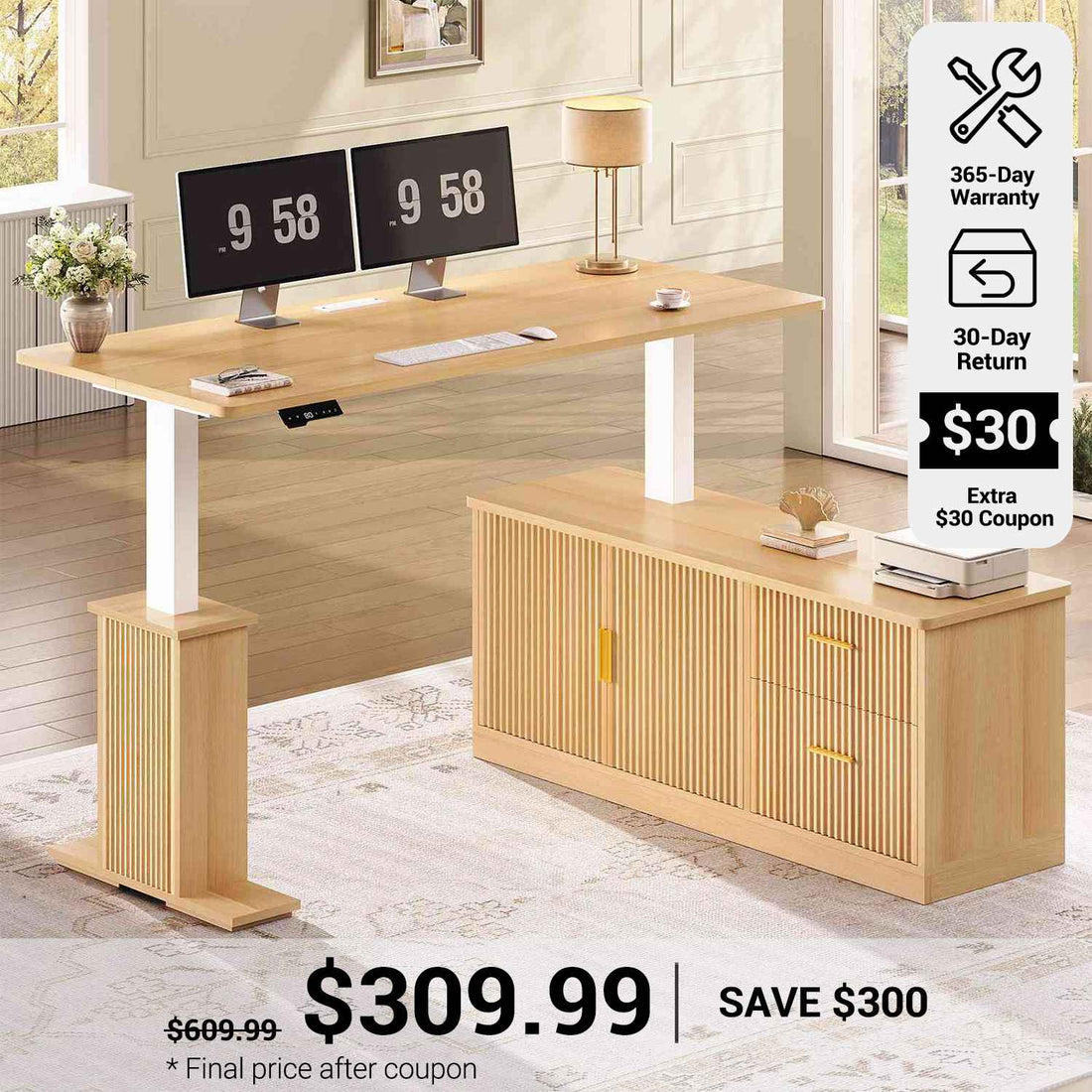 SEDETA® 55 Inch L Shaped Standing Desk Fluted Computer Desks Electric Height Adjustable with Storage Drawers Power Outlets Modern Light Luxury