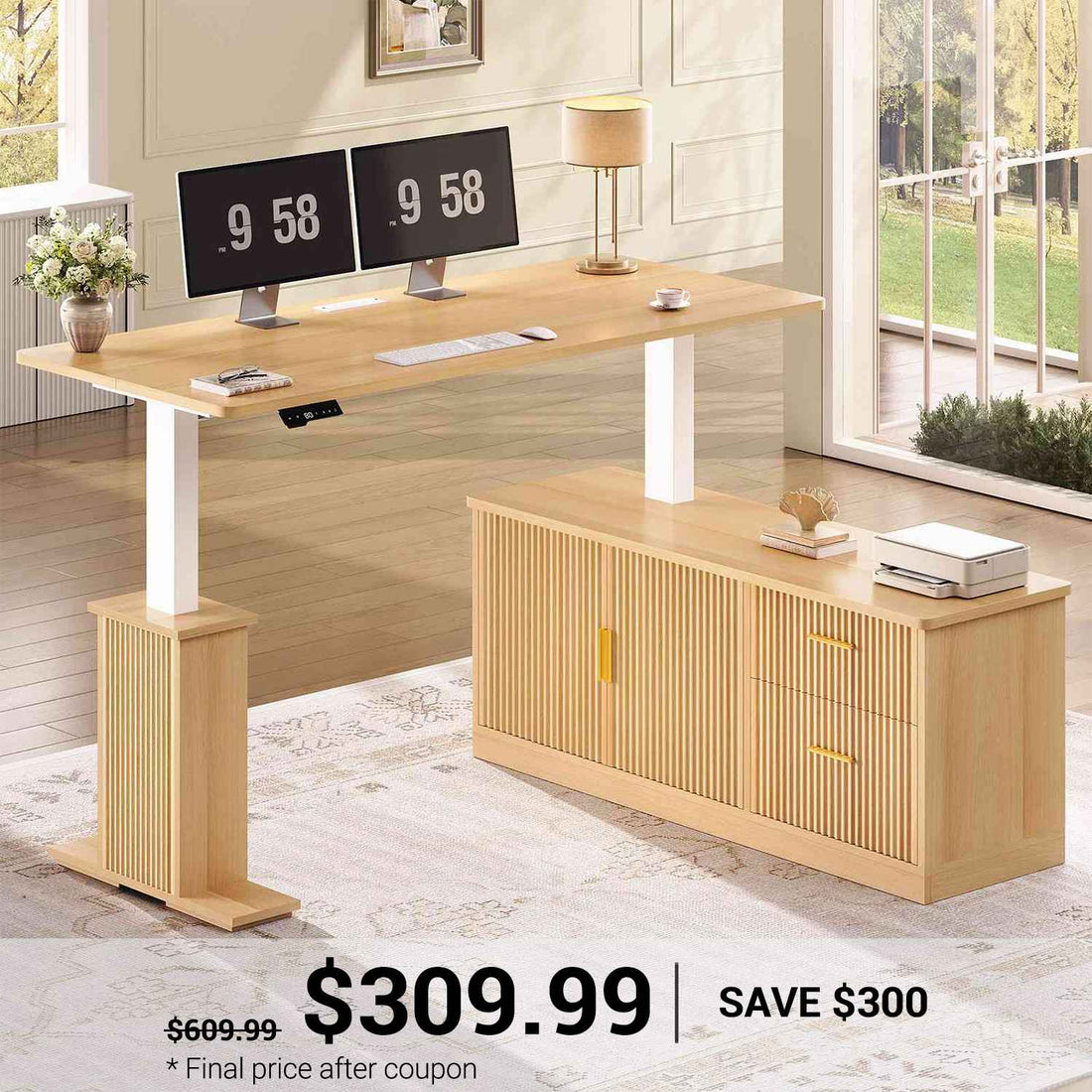 SEDETA | 55 Inch Electric Standing Desks Height Adjustable L Shaped Light Luxury Fluted Computer Desk with Storage Drawers Power Outlets