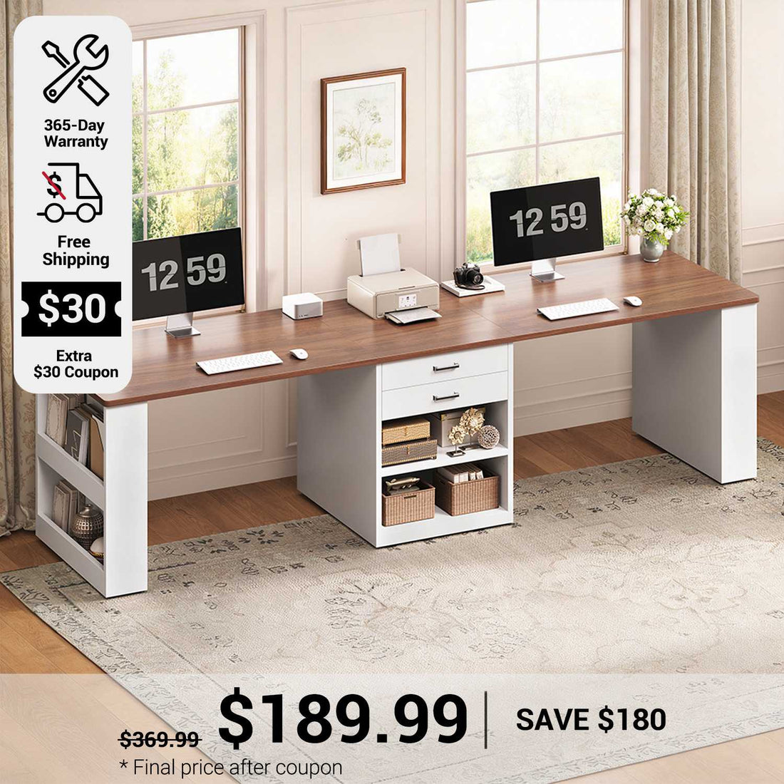 SEDETA 90.5 Inch Two Person Computer Desk Long Office Desk with Storage Drawers Two Person Writing Desk with Shelves for Home Office