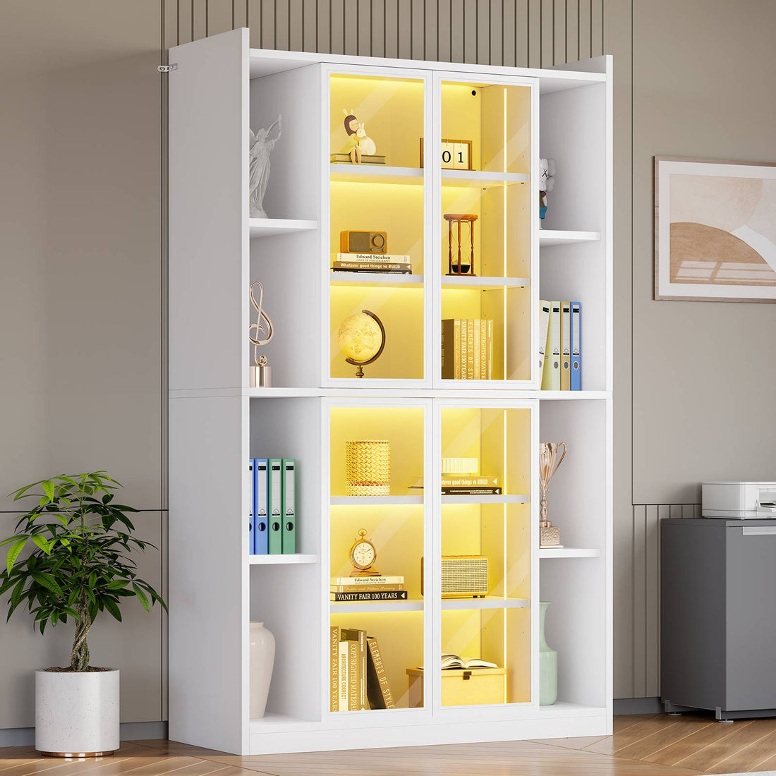 SEDETA | 70.9 Inch Bookcase with LED Lights Display Cabinet for Collectibles with Glass Doors Adjustable Storage Shelves