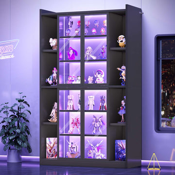 SEDETA | 70.9 Inch Bookcase with LED Lights Display Cabinet for Collectibles with Glass Doors Adjustable Storage Shelves