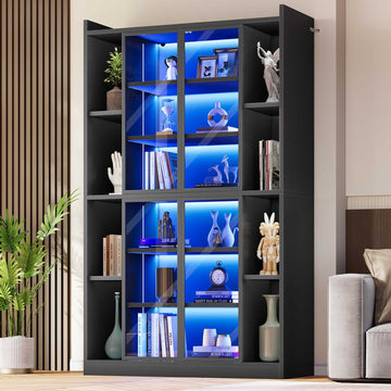 SEDETA 70.9 Inch Display Cabinet with Glass Doors 6 Tier Tall Bookcase with LED Lights Curio Cabinet with Adjustable Shelves