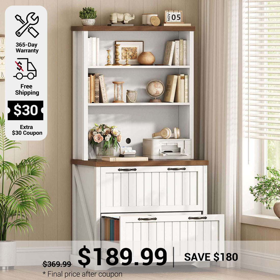 SEDETA 31.5 Inch Farmhouse Wood File Cabinet Office Lateral Filing Cabinet with 2 Drawer Storage Shelves Bookshelf Printer Stand fits Letter A4 Size