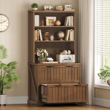 SEDETA® 31.5 Inch Farmhouse File Cabinet 2 Drawers Lateral File Cabinets with Bookshelf Storage Shelves Printer Stand fits Letter A4 Size
