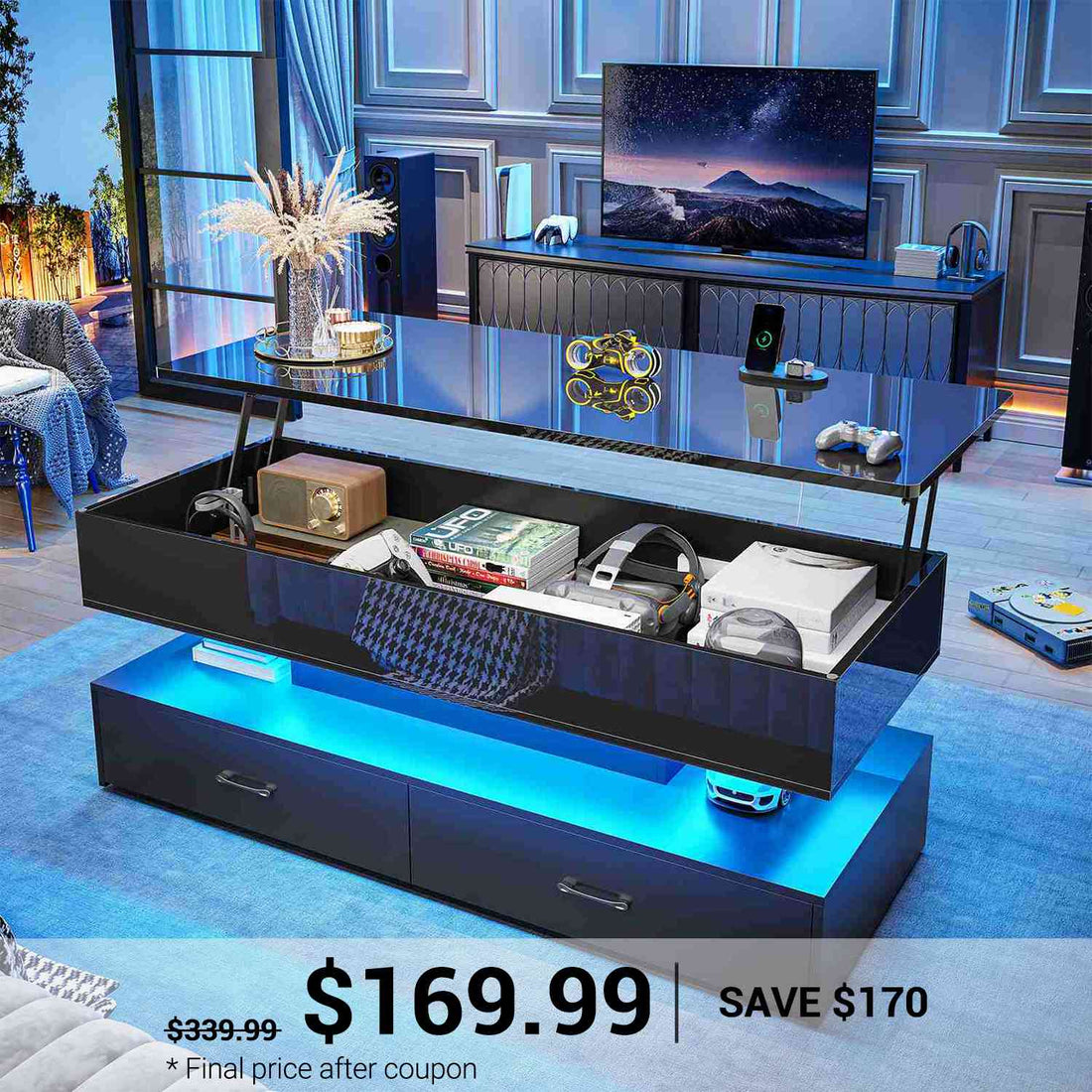 SEDETA | 47.2 Inch 2 Drawers Lift Top Coffee Table with LED Light Coffee Table with Power Outlet Coffee Tables with Storage for Living Room|