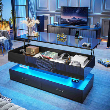 SEDETA® 47.2 Inch 2 Drawers Coffee Table with Power Outlet LED Light Lift Top Coffee Table Coffee Tables with Storage for Living Room