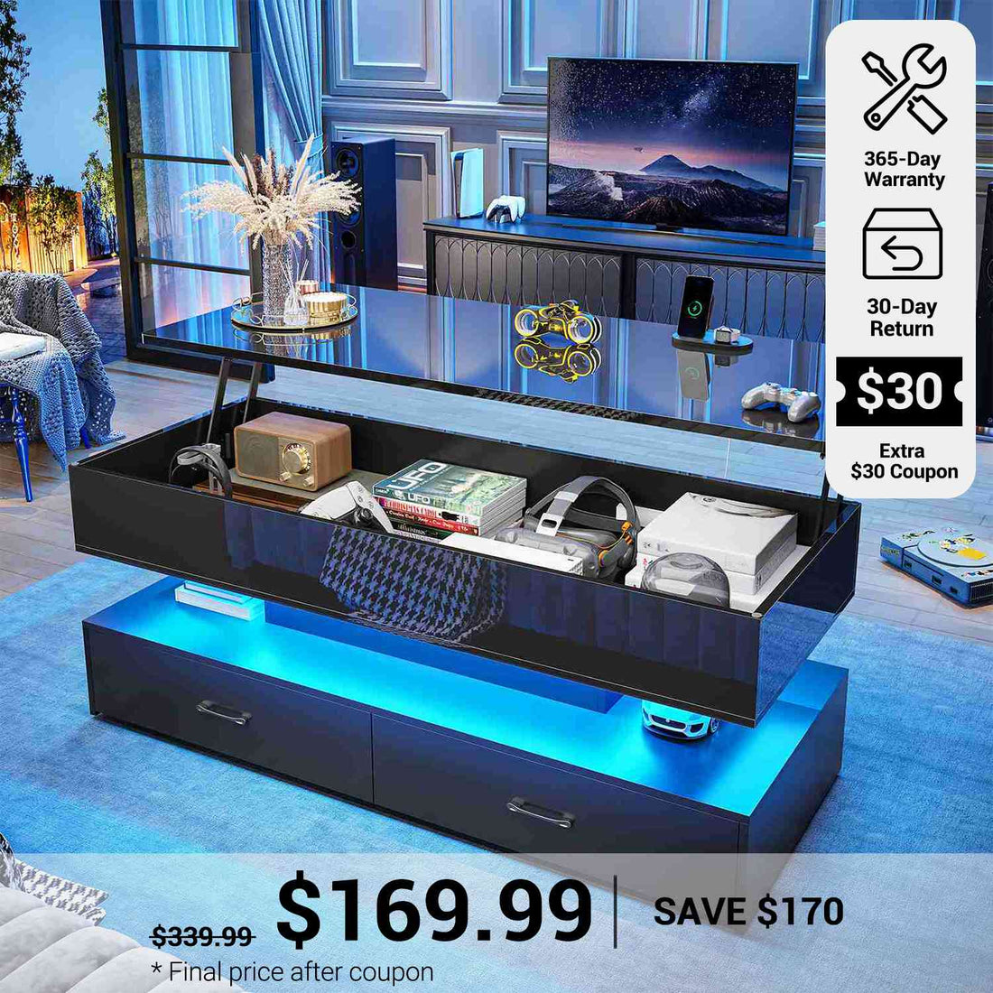 SEDETA® 47.2 Inch 2 Drawers Coffee Table with Power Outlet LED Light Lift Top Coffee Table Coffee Tables with Storage for Living Room