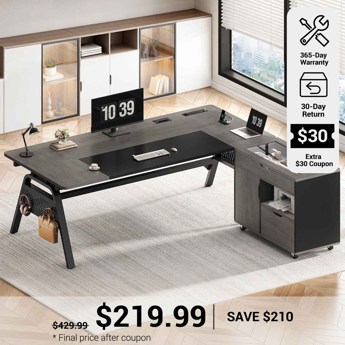 SEDETA® 63 Inch Modern Office Desk with 4 Hooks Power Outlet Computer Desk with Privacy Baffle Executive Desk with Movable File Cabinet for Home Office