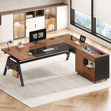 SEDETA 63 Inch Executive Desk with Movable File Cabinet Office Desk with 4 Hooks Power Outlet Computer Desk with Privacy Baffle for Home Office