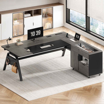 SEDETA® 63 Inch Modern Office Desk with 4 Hooks Power Outlet Computer Desk with Privacy Baffle Executive Desk with Movable File Cabinet for Home Office