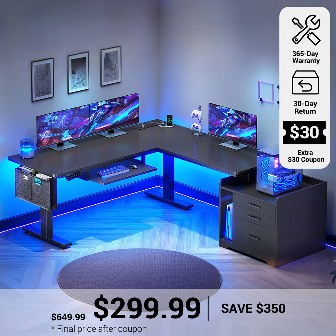 SEDETA® 63 Inch L Shaped Electric Standing Desk Height Adjustable Computer Gaming Desk with Led Lights Power Outlet 3 Drawers File Cabinet