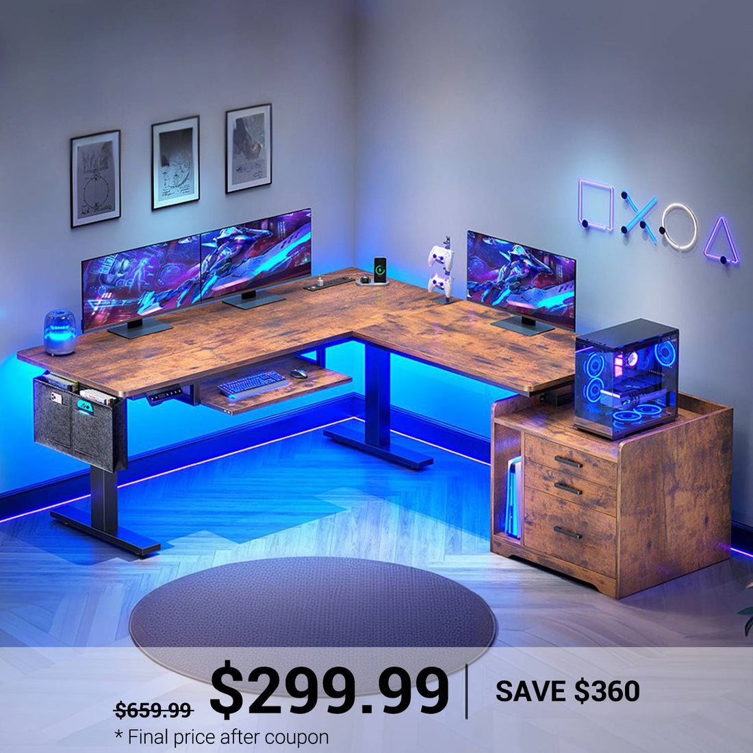 SEDETA 63 Inch L Shaped Electric Standing Desk Height Adjustable with 3 Drawers, Computer Gaming Desk with LED Lights, Power Outlet