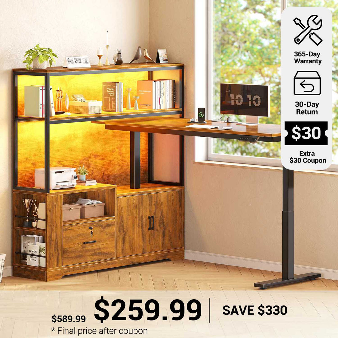 SEDETA® 56.7 Inch L Shaped Height Adjustable Electric Standing Desk Computer Gaming Desk with LED Lights Drawers Power Outlets