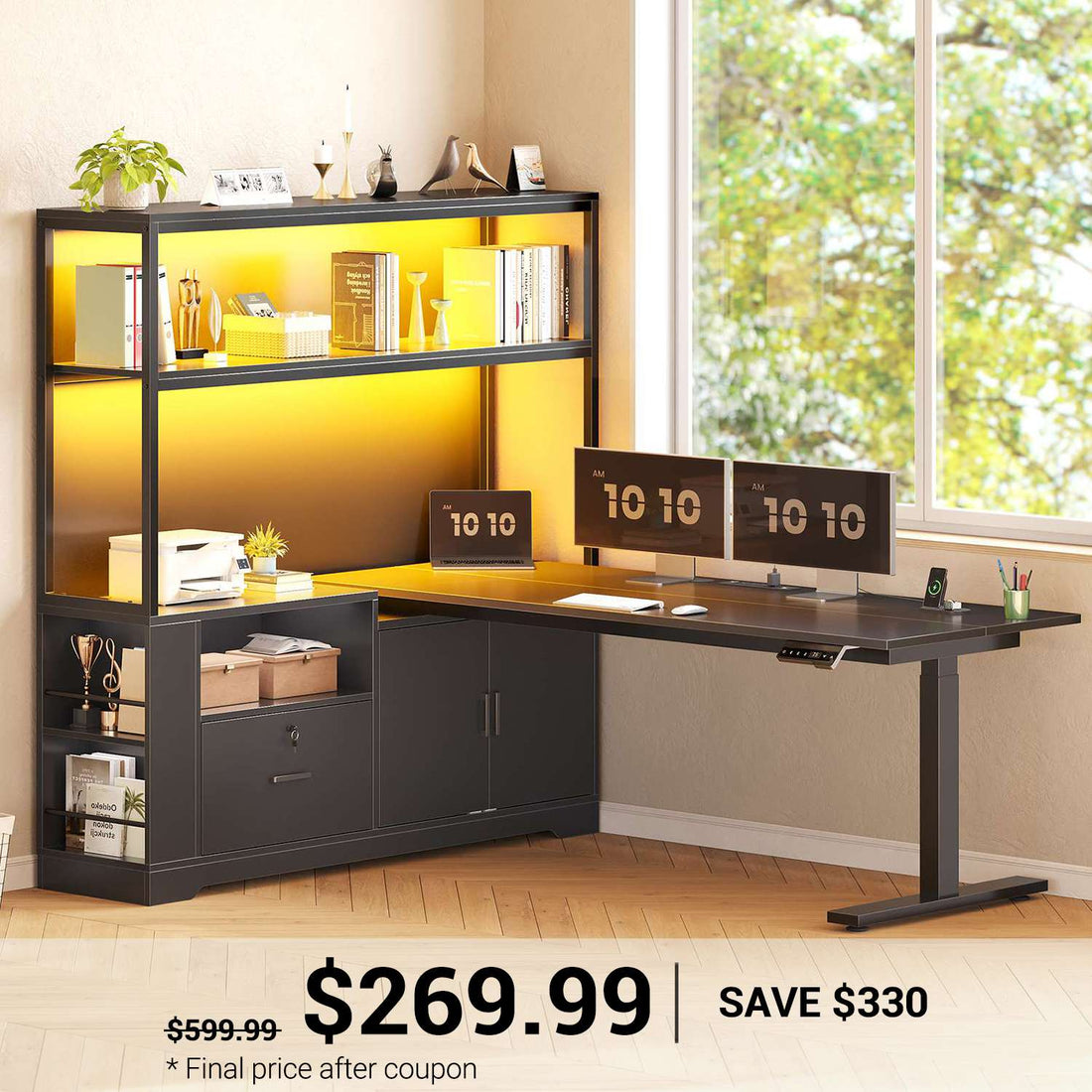 SEDETA 56.7 Inch Standing Desk Height Adjustable Electric L Shaped Stand Up Computer Gaming Desk with Drawers Hutch Power Outlets