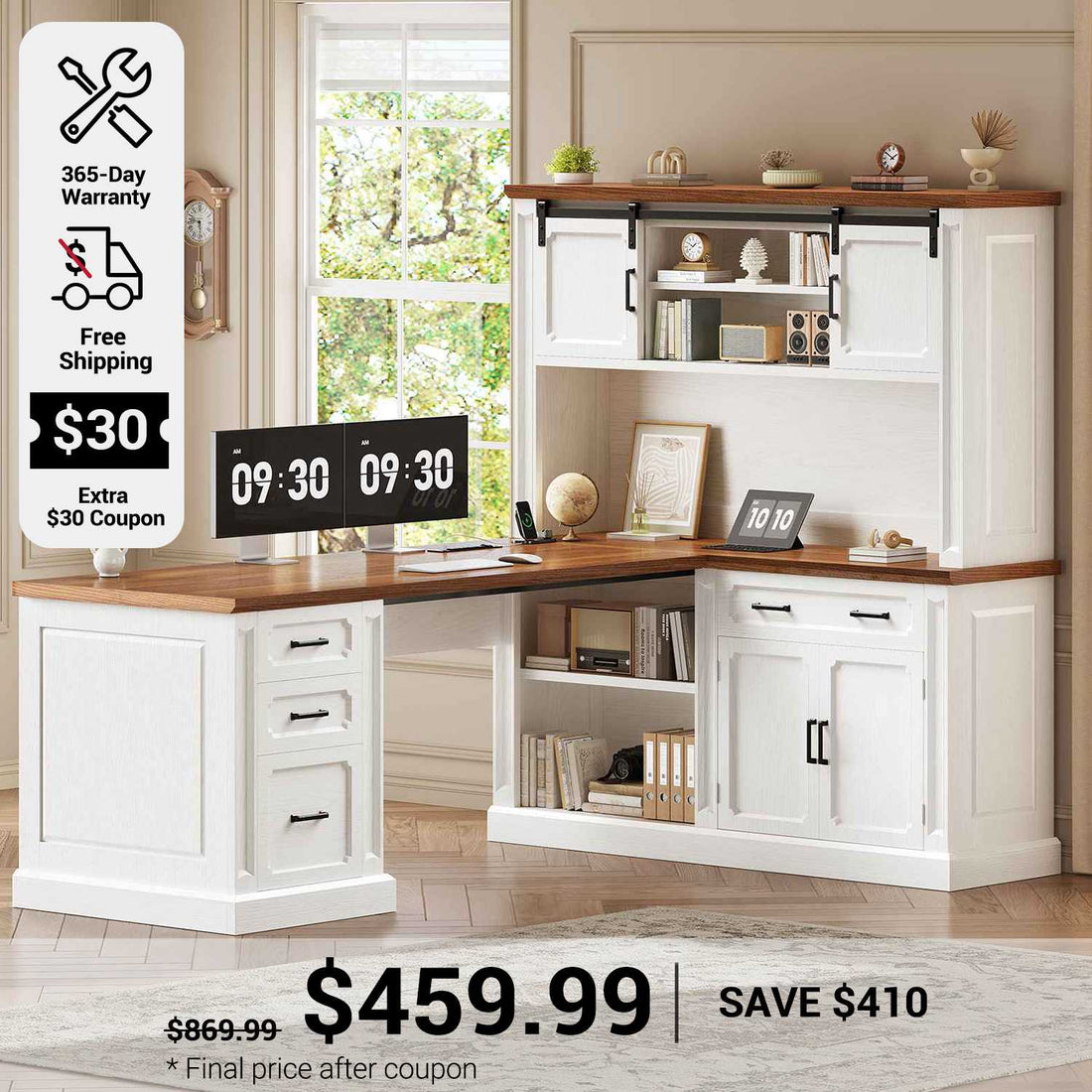 SEDETA 67 Inch Farmhouse L Shaped Computer Desk Executive Home Office Desks with 4 Drawers Storage Cabinet Sliding Doors Power Outlet Hutch