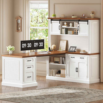 SEDETA 67 Inch Farmhouse L Shaped Computer Desk Executive Home Office Desks with 4 Drawers Storage Cabinet Sliding Doors Power Outlet Hutch