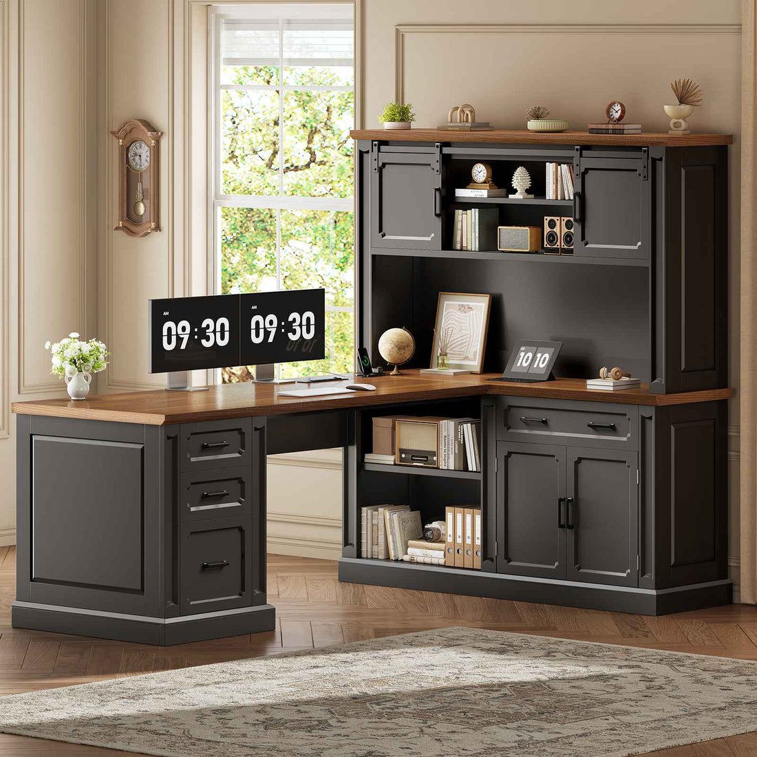 SEDETA | 67 Inch Farmhouse L Shaped Corner Computer Desk with Hutch & Sliding Doors, Executive Home Office Desk, 4 Drawers, Cabinet, Outlets