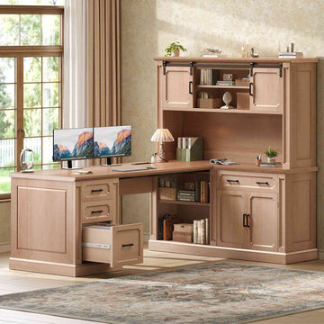 SEDETA | 67 Inch Farmhouse L Shaped Corner Computer Desk with Hutch & Sliding Doors, Executive Home Office Desk, 4 Drawers, Cabinet, Outlets