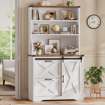 SEDETA 31.5 Inch Farmhouse 2 Drawer File Cabinet with Printer Stand Storage Shelf Sliding Door Hanging File Folders fits Letter Legal A4 Size